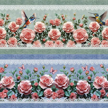 Tricoline Digital Barrado Jardim de Rosas, 50cm x 1,50mt