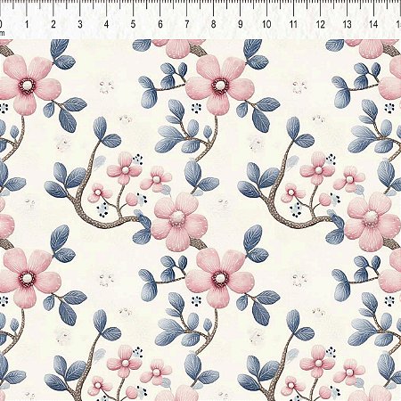Tricoline Flores e Galhos, 100% Algodão, 50cm x 1,50mt
