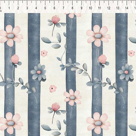 Tricoline Flores e Listras, 100% Algodão, 50cm x 1,50mt