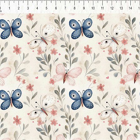 Tricoline Borboletas e Flores, 100% Algodão, 50cm x 1,50mt