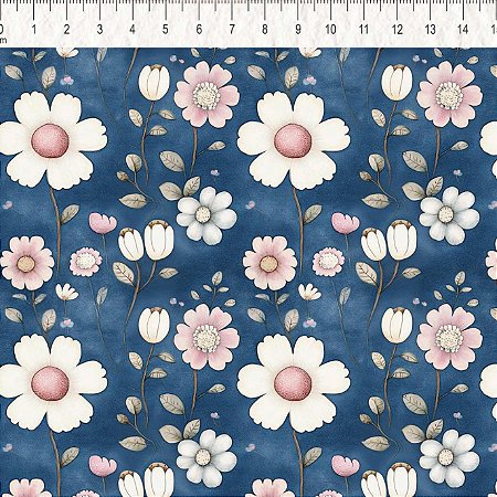 Tricoline Flor Amandita Azul, 100% Algodão, 50cm x 1,50mt