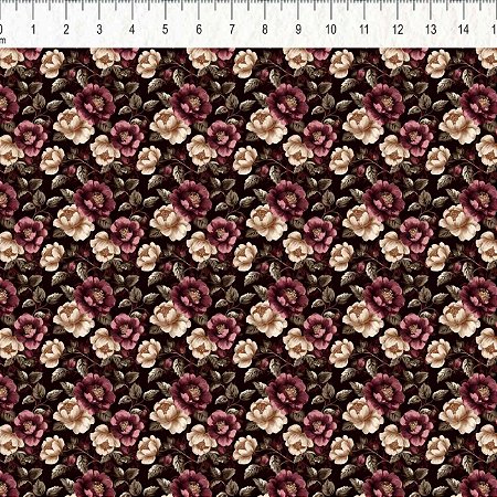 Tricoline Floral Bordeaux 1, 100% Algodão, 50cm x 1,50mt