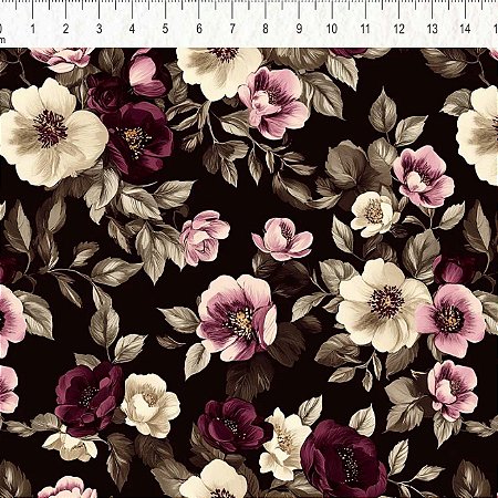 Tricoline Floral Bordeaux 2, 100% Algodão, 50cm x 1,50mt