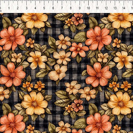 Tricoline Flove Flor Xadrez, 100% Algodão, 50cm x 1,50mt