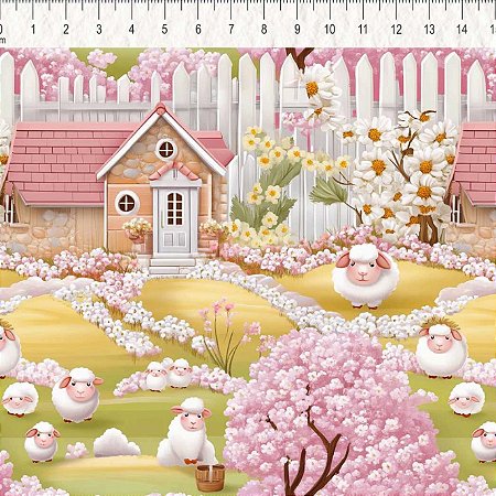 Tricoline Digital Sunny Farm, 100% Algodão, 50cm x 1,50mt