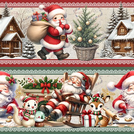 Tricoline Digital Barrado Natal Fofinho, At. 5mt x 1,50m
