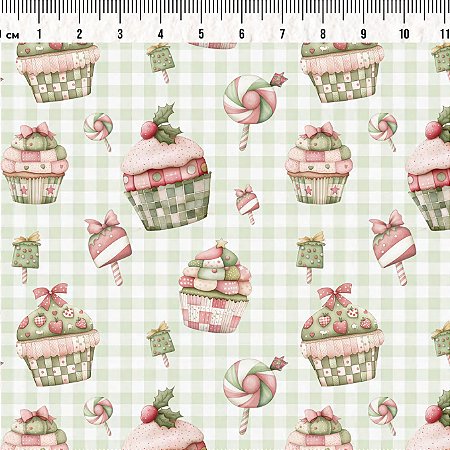 Tricoline Natal Cupcake Clarinho, 100% Algodão 50cm x 1,50mt