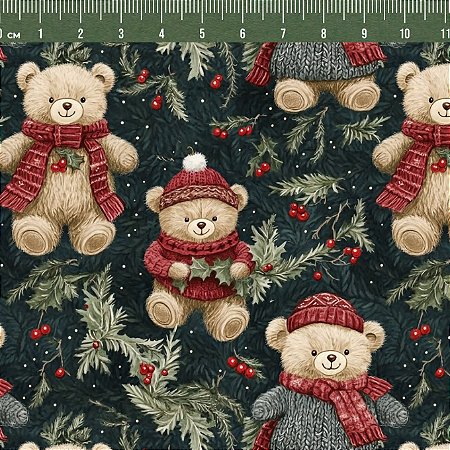 Tricoline Digital Natal Ursinhos Pinho 100%Alg 50cm x 1,50mt
