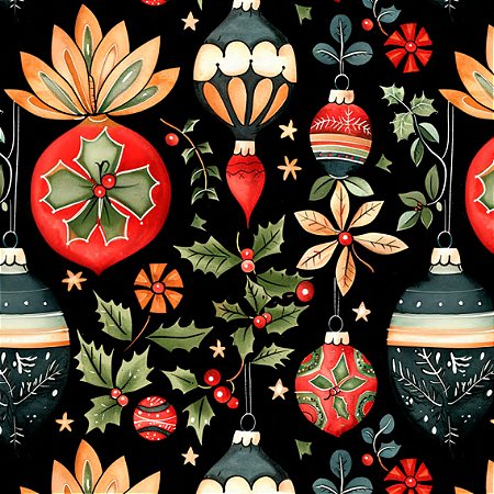 Tricoline Digital Natal Ornaments, 100%Algodão 50cm x 1,50mt