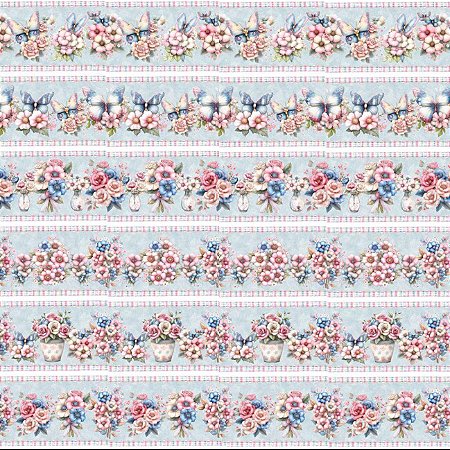 Tricoline Digital Barrado Flores Pastel, 50cm x 1,50mt