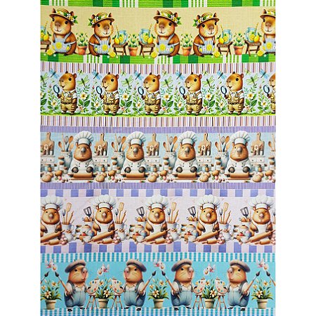 Tricoline Digital Barrado Capivaras Trabalhando 50cm x 1,50m