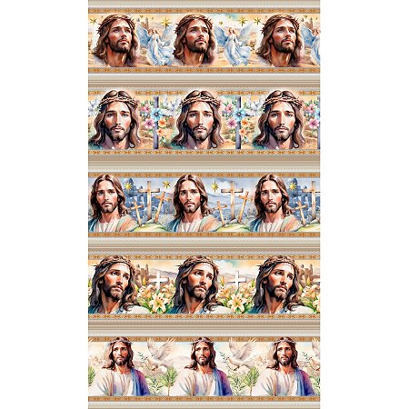 Tricoline Digital Barrado Jesus, 100% Algodão, 50cm x 1,50mt