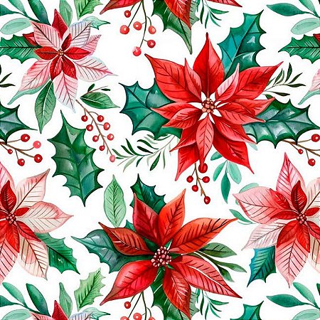 Tricoline Digital Flores de Natal Fundo Branco 50cm x 1,50mt