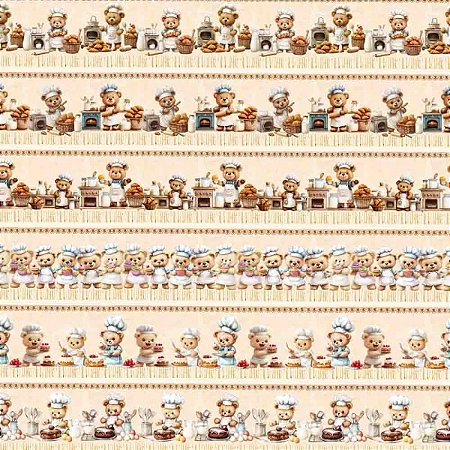 Tricoline Digital Barrado Ursinho Padeiro, 50cm x 1,50mt