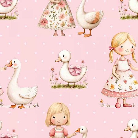 Tricoline Digital Menina com Pato 100%Algodão, 50cm x 1,50mt