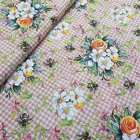 Tricoline Digital Flores e Abelhas 100%Algodão 50cm x 1,50mt