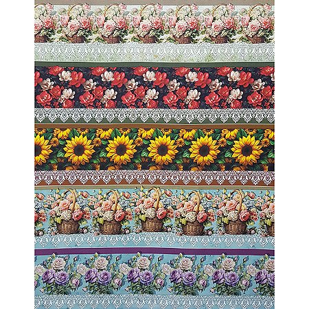 Tricoline Digital Barrado Flores, 100% Algodão 50cm x 1,50mt