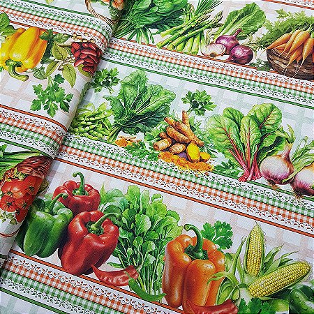 Tricoline Digital Barrado Legumes, 100%Algodão 50cm x 1,50mt