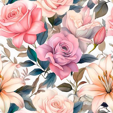Tricoline Digital Watercolor Rosas II, 100%Alg 50cm x 1,50mt