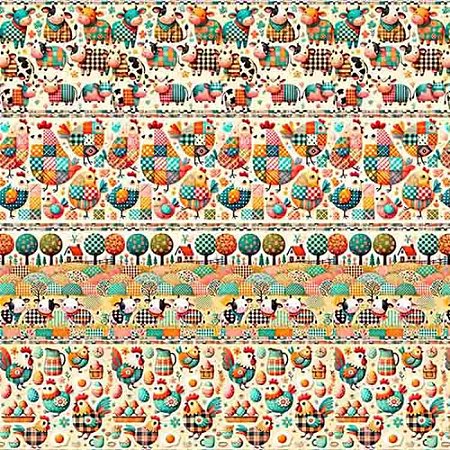 Tricoline Digital Barrado Galinhas e Vacas, 50cm x 1,50mt