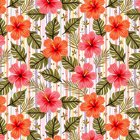 Tricoline Digital Hibisco Tropical 100%Algodão 50cm x 1,50mt