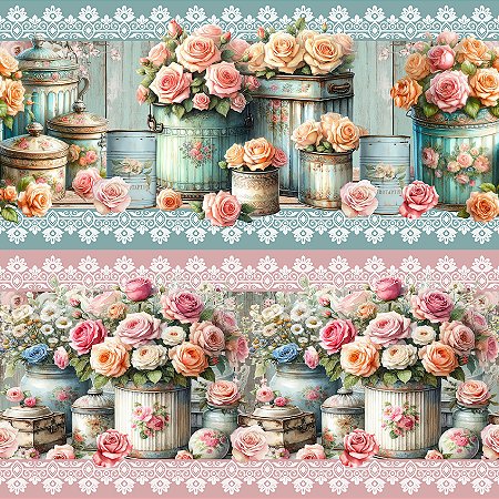 Tricoline Digital Barrado Rosas Vintage, 55cm x 1,50mt