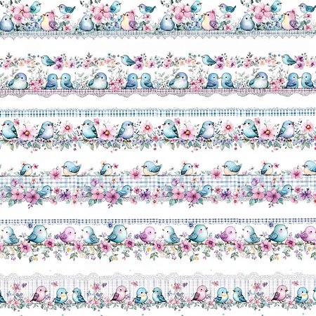 Tricoline Digital Barrado Passarinhos Aquarela 50cm x 1,50mt