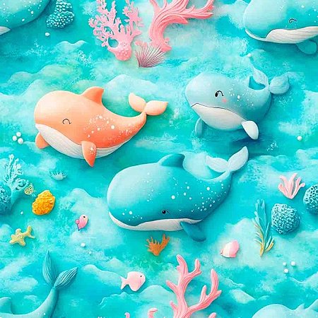 Tricoline Digital Baleias, 100% Algodão, 50cm x 1,50mt
