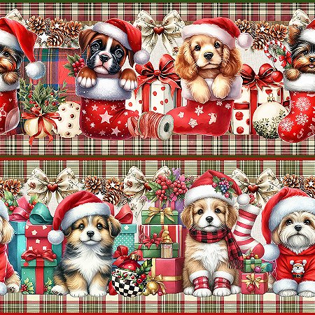 Tricoline Digital Barrado Natal Cachorrinhos At. 5mt x 1,50m