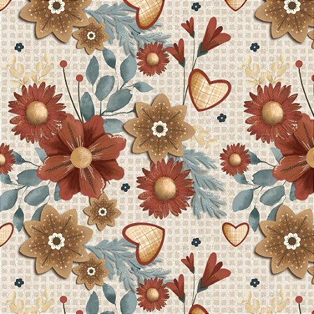 Tricoline Digital Floral Amor e Café F. Claro, 50cm x 1,50mt