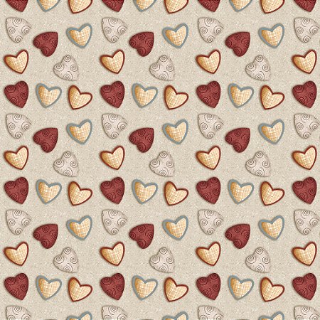 Tricoline Digital Corações Amor e Café Bege, 50cm x 1,50mt