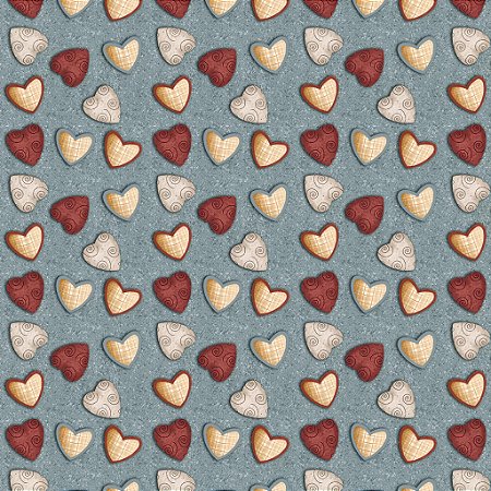 Tricoline Digital Corações Amor e Café Azul, 50cm x 1,50mt