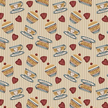 Tricoline Digital Xícaras Amor e Café Bege, 50cm x 1,50mt