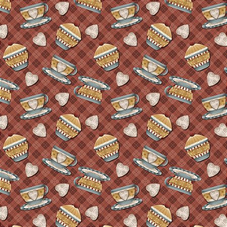 Tricoline Digital Xícaras Amor e Café Vinho, 50cm x 1,50mt