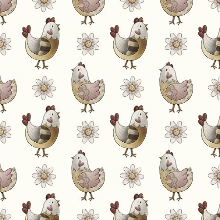 Tricoline Digital Mini Galinhas, 100% Algodão, 50cm x 1,50mt