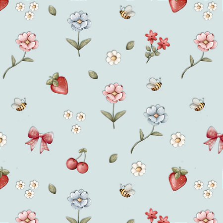 Tricoline Digital Jardim Morangos Fundo Azul, 50cm x 1,50mt