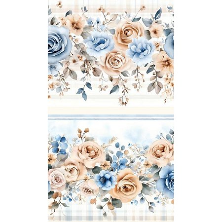Tricoline Digital Barrado Floral Bluecream, 50cm x 1,50mt