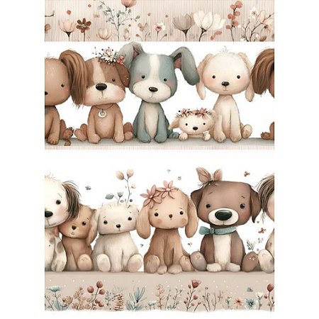 Tricoline Digital Barrado Cachorrinhos Boho, 50cm x 1,50mt