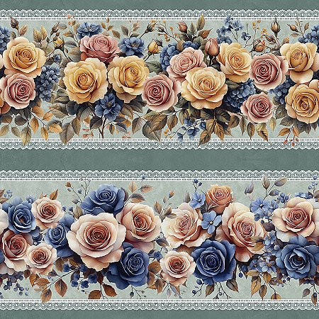 Tricoline Digital Barrado Rosas Glamour, At. 5mt x 1,50mt