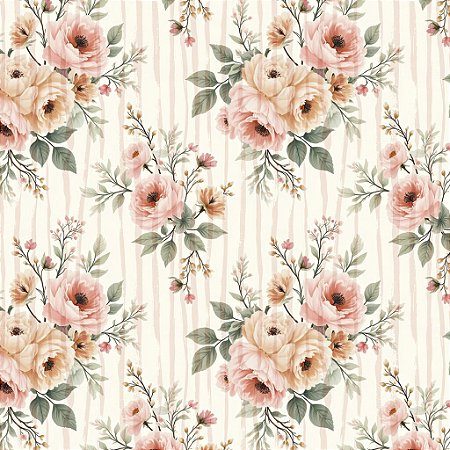Tricoline Digital Floral com Listras Rose, 50cm x 1,50mt
