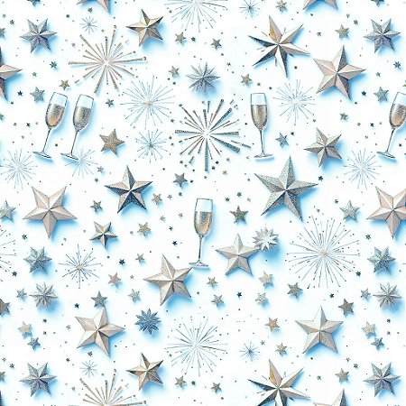 Tricoline Digital Réveillon Azul, 100% Algodão 50cm x 1,50mt