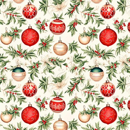 Tricoline Digital Natal Bolas e Folhas 100%Alg 50cm x 1,50mt