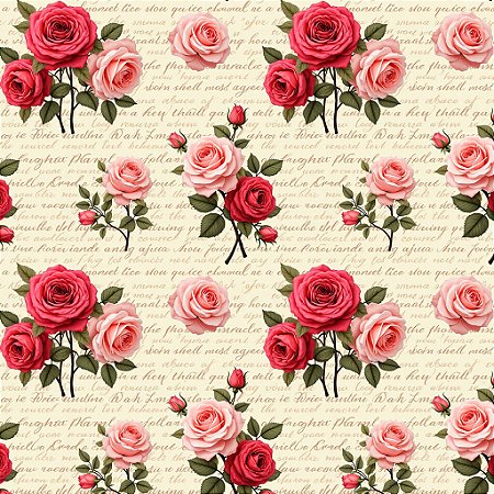 Tricoline Rosas com Escritas, 100% Algodão, 50cm x 1,50mt