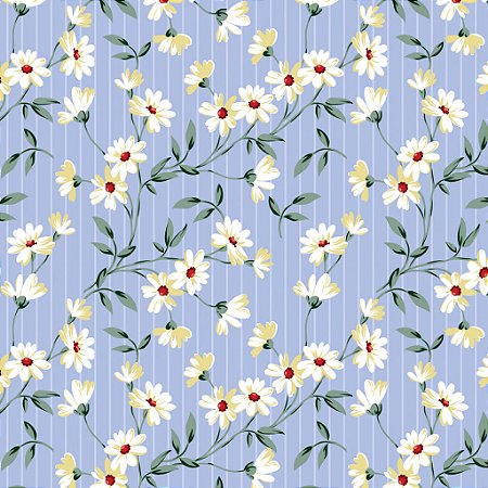 Tricoline Floral Fundo Listrado Azul, 100%Alg, 50cm x 1,50mt