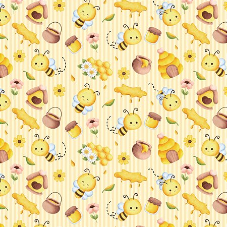 Tricoline Abelhas Fundo Listrado 100% Algodão, 50cm x 1,50mt