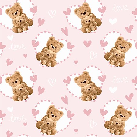 Tricoline Ursinhos Love Rosa, 100% Algodão, 50cm x 1,50mt