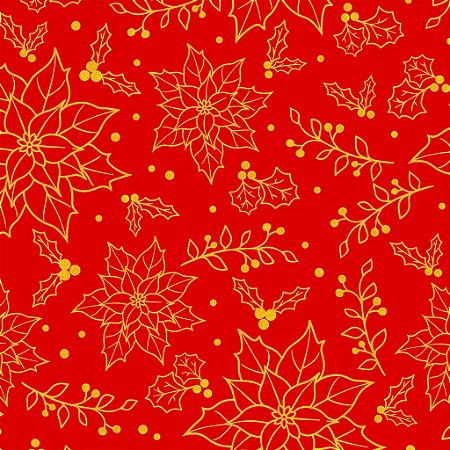 Tricoline Natal Flores Douradas Fundo Vermelho 50cm x 1,50mt