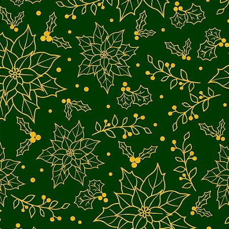Tricoline Natal Flores Douradas Fundo Verde, 50cm x 1,50mt