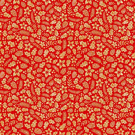 Tricoline Natal Folhas Douradas Fundo Vermelho 50cm x 1,50mt