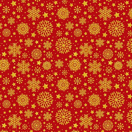Tricoline Natal Flocos Dourados Fundo Vermelho 50cm x 1,50mt